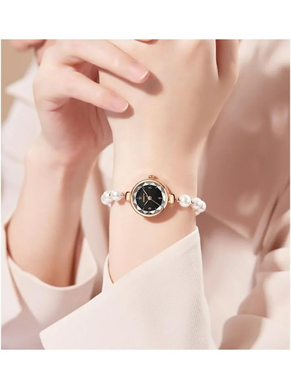 Women's Black Analog Quartz Adjustable Slider Clasp Pearl Bracelet Wrist Watch